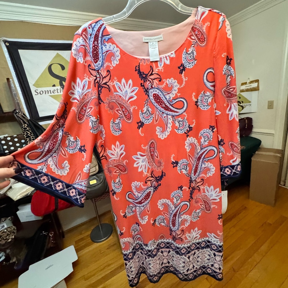 Sandra Darren Vibrant Orange and Navy Paisley Dress NWT